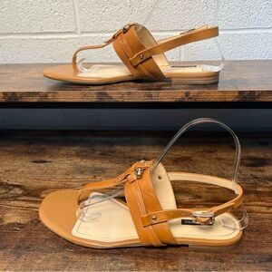 Alex Marie Tan Leather Sandals T Strap Casual Flat Metallic Buckle Women's 8